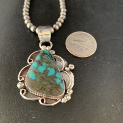 Navajo Spiderweb Turquoise Pendant Necklace | Sterling Silver | 2.25" | Authentic Native American Handmade | 14060