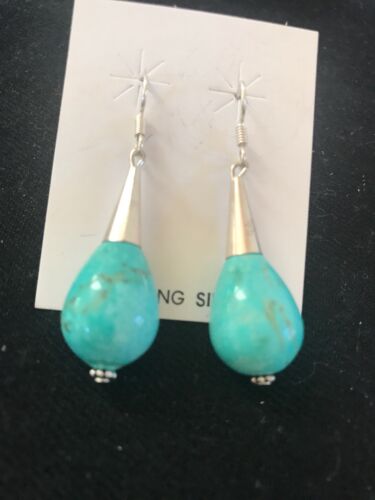Native American Blue Turquoise Bead Dangle Earrings |  Navajo Handmade Sterling Silver | 960