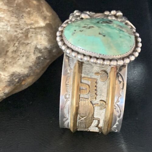Navajo Green Turquoise Cuff Bracelet | Sterling Silver & 12K Gold | Authentic Native American Handmade | 14116 - Masha USA