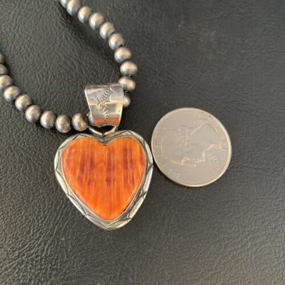 Navajo Orange Heart Spiny Oyster Pendant | Sterling Silver Necklace | Authentic Native American Handmade | 13948 - Masha USA