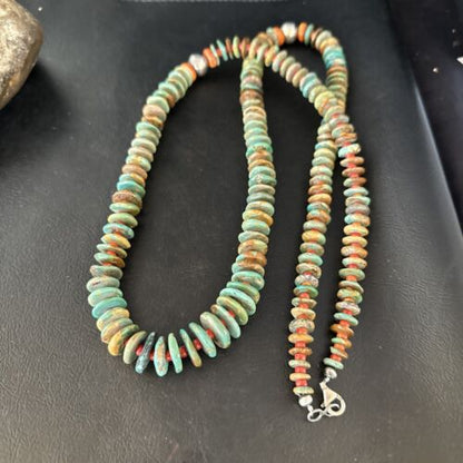 Navajo Turquoise & Red Spiny Oyster Necklace | Sterling Silver | Authentic Native American | 32" | 14382