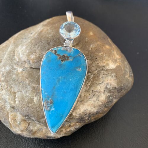 Navajo Sterling Silver Blue Topaz Turquoise Multi-Stone Pendant | Authentic Native American Handmade | 3" | 12025