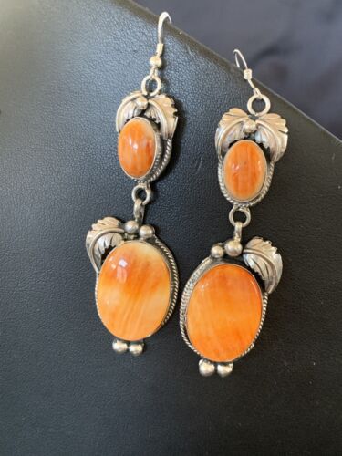 Navajo Orange Spiny Oyster Dangle Earrings | Sterling Silver | Authentic Native American Handmade | 12200