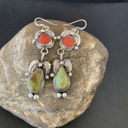Navajo Green Royston Turquoise & Red Coral Dangle Earrings | Sterling Silver | Native American Handmade | 12354