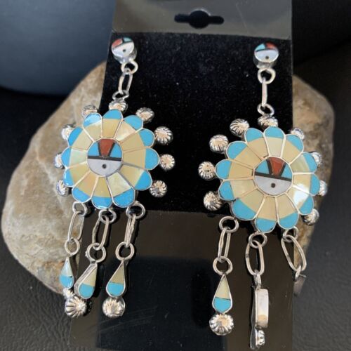 Zuni Sun Face Kingman Turquoise & Yellow Mother of Pearl Dangle Earrings | Sterling Silver | 12126