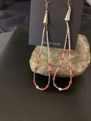 XL Coral Heishi Beads Earrings | Sterling Silver Navajo Pearls | 4" | Authentic Native American Handmade | 13033