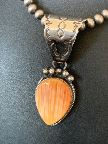 Navajo Orange Spiny Oyster Pendant Necklace | Sterling Silver | Authentic Native American Handmade | 13080