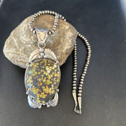 Navajo Green Spiderweb Turquoise Pendant Necklace | Sterling Silver Beads | Authentic Native American Handmade | 14806