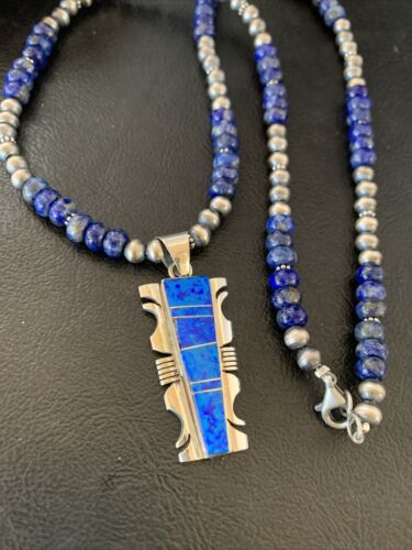 Navajo Pearls Necklace Blue Lapis Opal Inlay Pendant | Sterling Silver | Native American Handmade | 11804