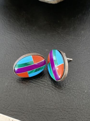 Navajo Multi-Color Turquoise Coral Inlay Earrings | Sterling Silver | Authentic Native American Handmade | 1716