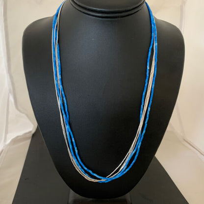 Navajo Denim Lapis Tube Beads Necklace | 5-Strand Liquid Silver Heishi | Sterling Silver | 02179 - Masha USA