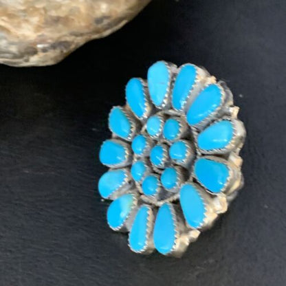 Navajo Blue Kingman Turquoise Cluster Ring | Authentic Native American Sterling Silver | Multi-Stone | Sz 9 | 13715