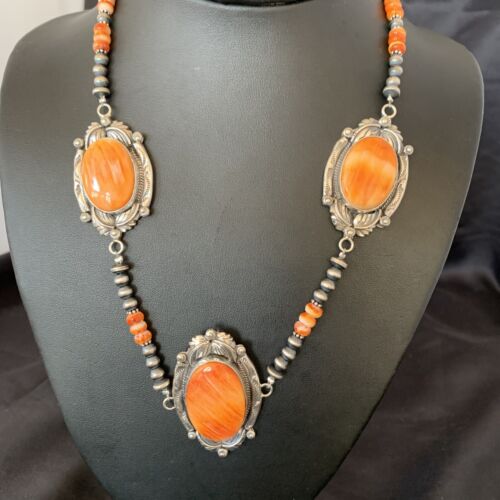 Navajo Pearls Orange Spiny Oyster Pendant Necklace | Sterling Silver | Authentic Native American Handmade | 10808