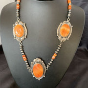 Navajo Pearls Orange Spiny Oyster Pendant Necklace | Sterling Silver | Authentic Native American Handmade | 10808