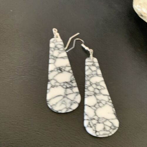 Navajo White Buffalo Turquoise Dangle Earrings | Sterling Silver | 2" | Authentic Native American Handmade | 11751