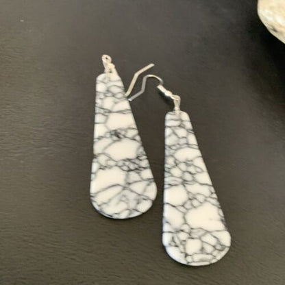 Navajo White Buffalo Turquoise Dangle Earrings | Sterling Silver | 2" | Authentic Native American Handmade | 11751