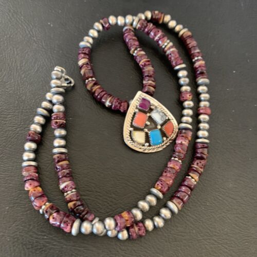 Navajo Multi-Color Multi-Stone Pendant | Authentic Native American Sterling Silver | Purple Spiny Oyster Necklace | 12356