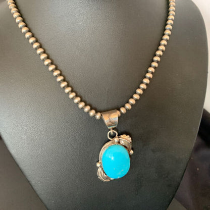 Women's Sterling Silver Blue Kingman Turquoise Necklace Pendant | Authentic Native American Handmade | 10898