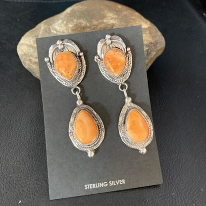 Navajo Orange Spiny Oyster Dangle Earrings | Sterling Silver | Authentic Native American Handmade | 13819