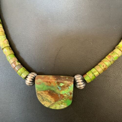 Navajo Green Gaspeite Turquoise Pendant | Sterling Silver | Authentic Native American Handmade | 13913