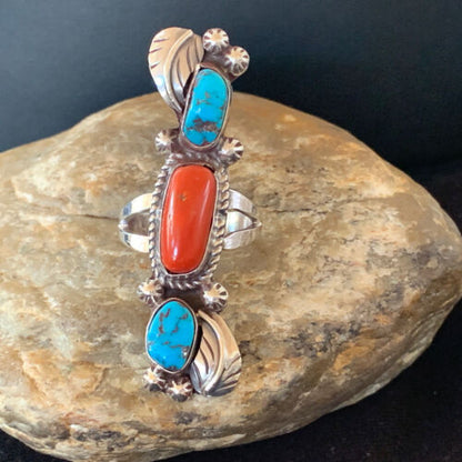 Navajo Kingman Turquoise & Coral Ring | Authentic Native American Sterling Silver | Multi-Stone | Sz 9 | 1294