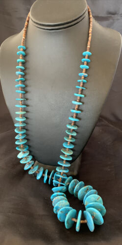 Authentic Native American Kingman Turquoise & Shell Necklace | Sterling Silver | 33" | Navajo Graduated | 12159