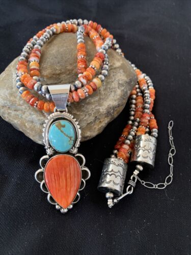 Navajo Pearl Necklace with Turquoise & Spiny Oyster Pendant | Sterling Silver | Multi-Strand | 1677