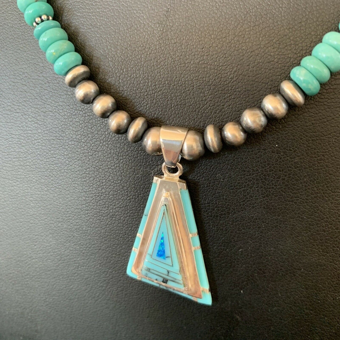Authentic Native American Navajo Sterling Silver Pendant | Blue Turquoise & Opal Inlay Necklace | 11475