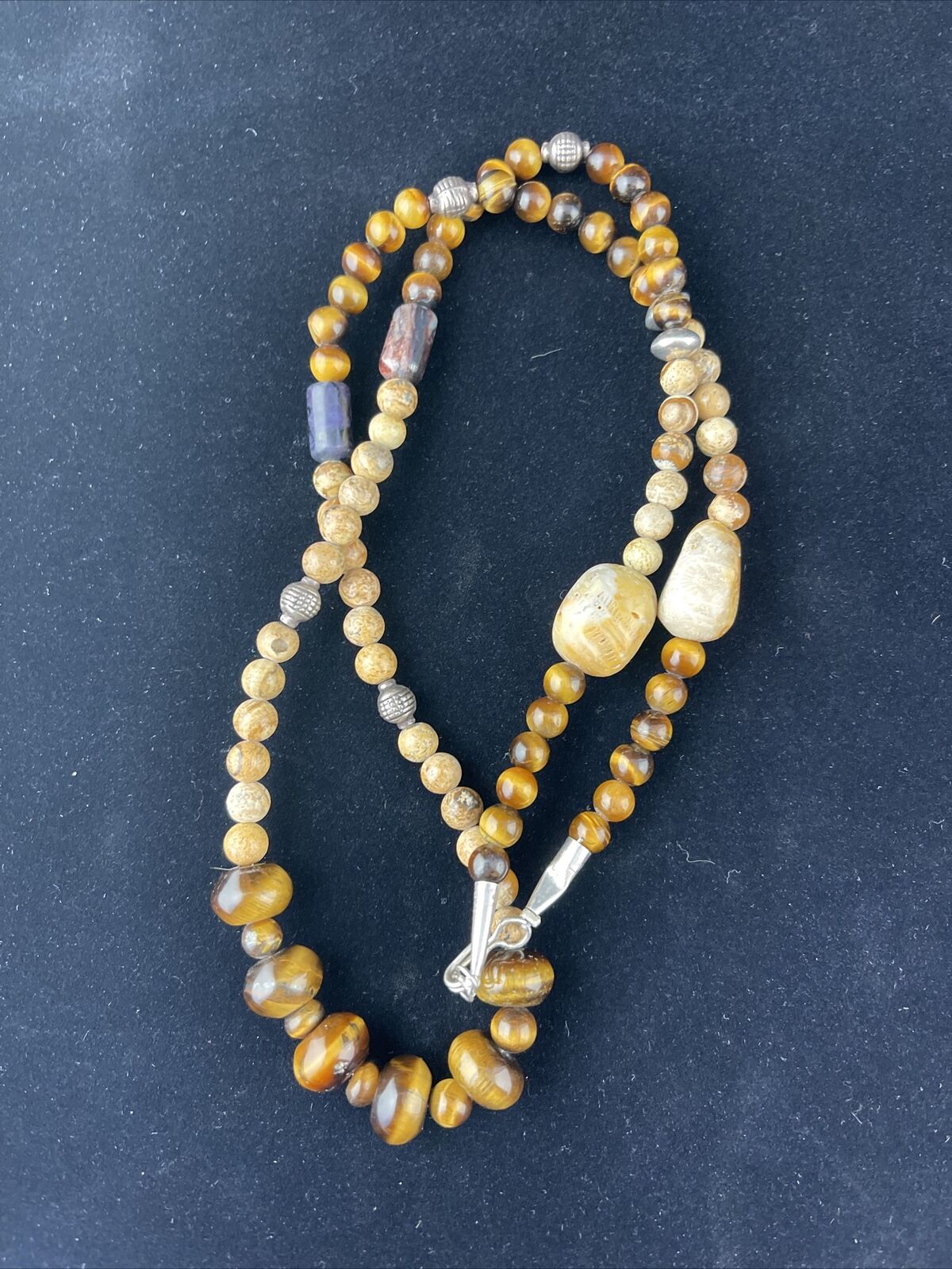 Women's Graduated Tigers Eye & Picture Jasper Necklace | Sterling Silver | Authentic Native American | 24" | 10075