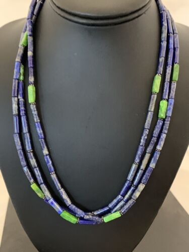 Men's Navajo Lapis Green Turquoise Necklace | 3 Strands Sterling Silver | 21" | Authentic Native American Handmade | 620