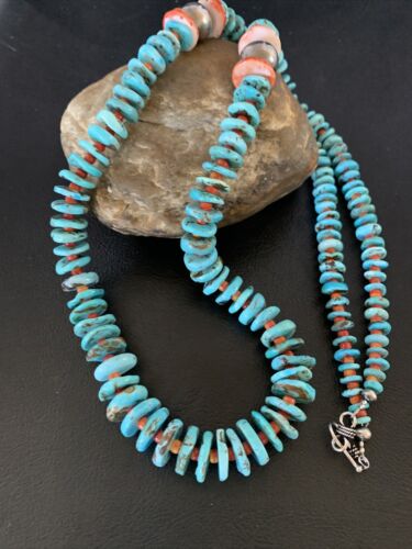 Navajo Natural Turquoise & Spiny Oyster Necklace | Sterling Silver | Authentic Native American | 32" | 13248