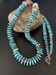 Navajo Natural Turquoise & Spiny Oyster Necklace | Sterling Silver | Authentic Native American | 32" | 13248