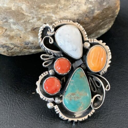 Navajo Blue Kingman Turquoise and Spiny Oyster Ring | Authentic Native American Sterling Silver | Multi-Stone | Sz 12.5 | 02163 - Masha USA