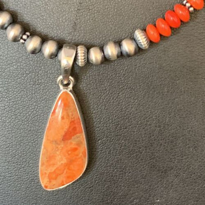 Navajo Red Apple Coral Necklace Pendant Naja | Sterling Silver | Authentic Native American Handmade | 13933