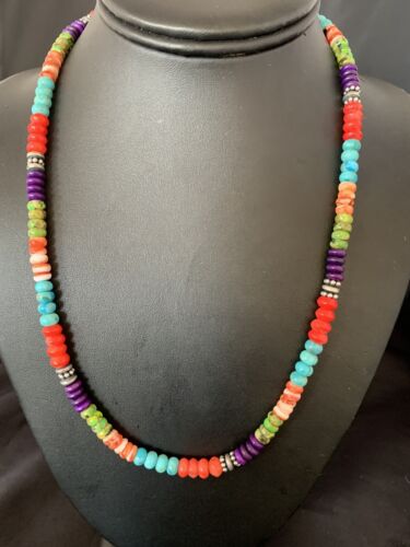 Multi-Color Turquoise Necklace | Sterling Silver | 21" | Authentic Native American Handmade | 13213 - Masha USA