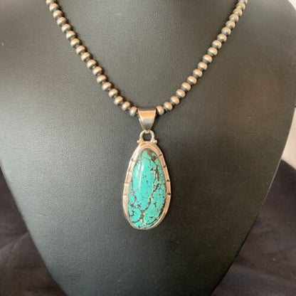Men's Navajo Pearl Necklace with Blue Spiderweb Turquoise Pendant | Sterling Silver | 10538