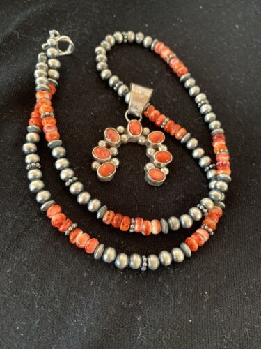 Navajo Red Spiny Oyster Naja Pendant | Sterling Silver Pearls | Authentic Native American Handmade | 140