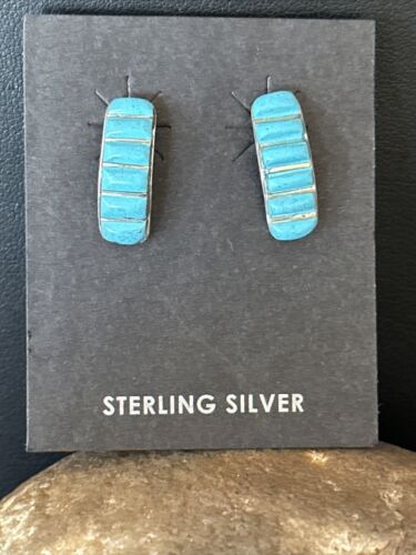 Navajo Blue Turquoise Inlay Earrings | Sterling Silver | 1" | Authentic Native American Handmade | 14777