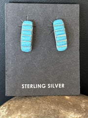 Navajo Blue Turquoise Inlay Earrings | Sterling Silver | 1" | Authentic Native American Handmade | 14777