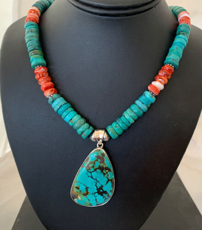 Navajo Pearls Spiderweb Spiny Oyster Turquoise Sterling Silver Necklace Pendant | Authentic Native American Handmade | 20"