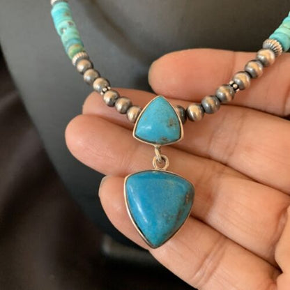 Navajo Pearl Necklace with Blue Cluster Turquoise Multi-Stone Pendant | Authentic Native American Sterling Silver | 12549