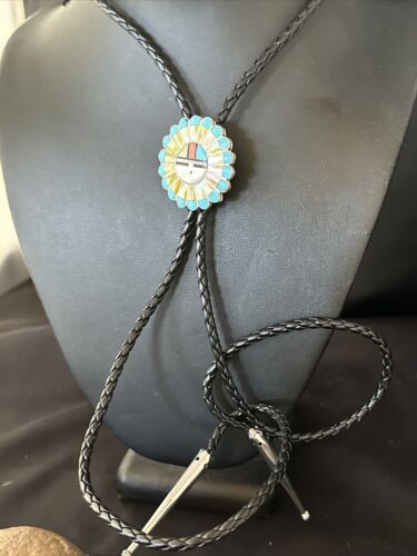 Men's Bolo Tie | Zuni Sunface Mother of Pearl Coral Turquoise Inlay | Sterling Silver | 14755