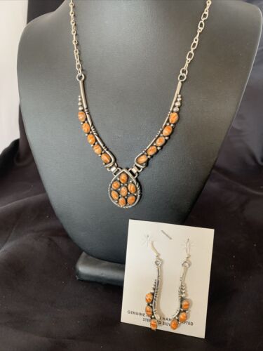 Navajo Orange Spiny Oyster Necklace Earrings Set | Sterling Silver | Authentic Native American Handmade | 2103