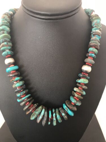 Navajo Blue Turquoise & Spiny Oyster Necklace | Sterling Silver | Authentic Native American | 24" | 202