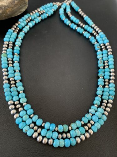 Navajo Blue Turquoise Sterling Silver Graduated Bib Necklace | 3-Strand | 22" | Authentic Native American | 02153