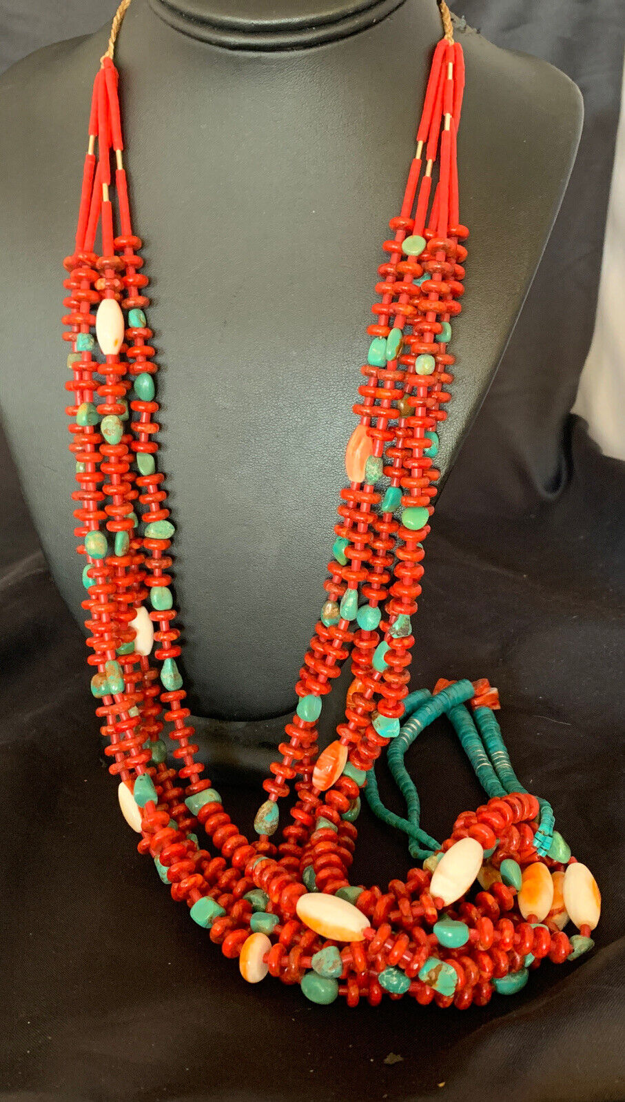 Southwestern Santo Domingo Red Coral Green Turquoise 5-Strand Jacla Necklace | 36" | Native American Handmade | 12053