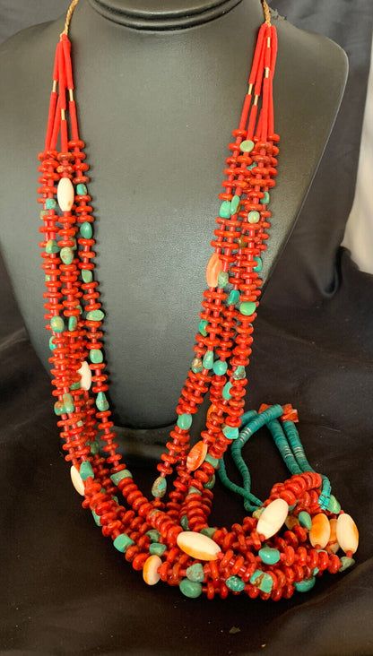 Southwestern Santo Domingo Red Coral Green Turquoise 5-Strand Jacla Necklace | 36" | Native American Handmade | 12053