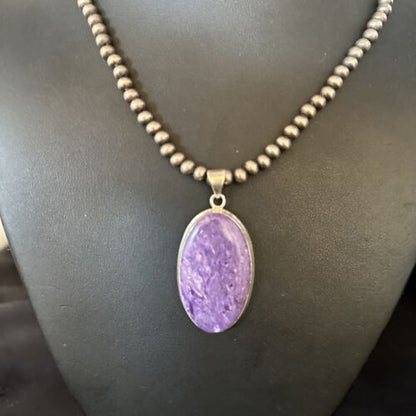 Navajo Pearls Necklace with Purple Charoite Pendant | Sterling Silver | Authentic Native American Handmade | 14464