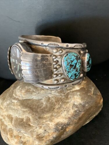 Navajo Sterling Silver Bracelet with Blue Kingman Turquoise | Men's Automatic Seiko Watch Cuff | Authentic Native American Jewelry | 12168