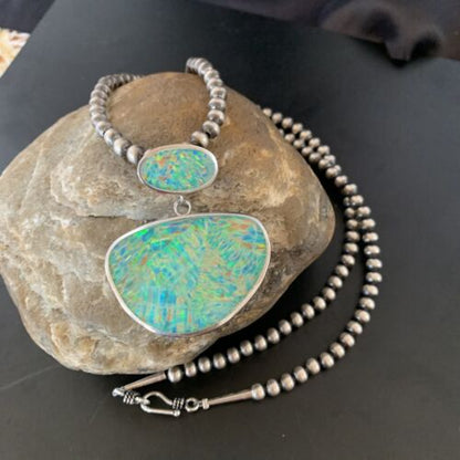 Navajo Blue Gilson Opal Inlay Pendant Necklace | Authentic Native American Sterling Silver | Multi-Stone | 11457 - Masha USA